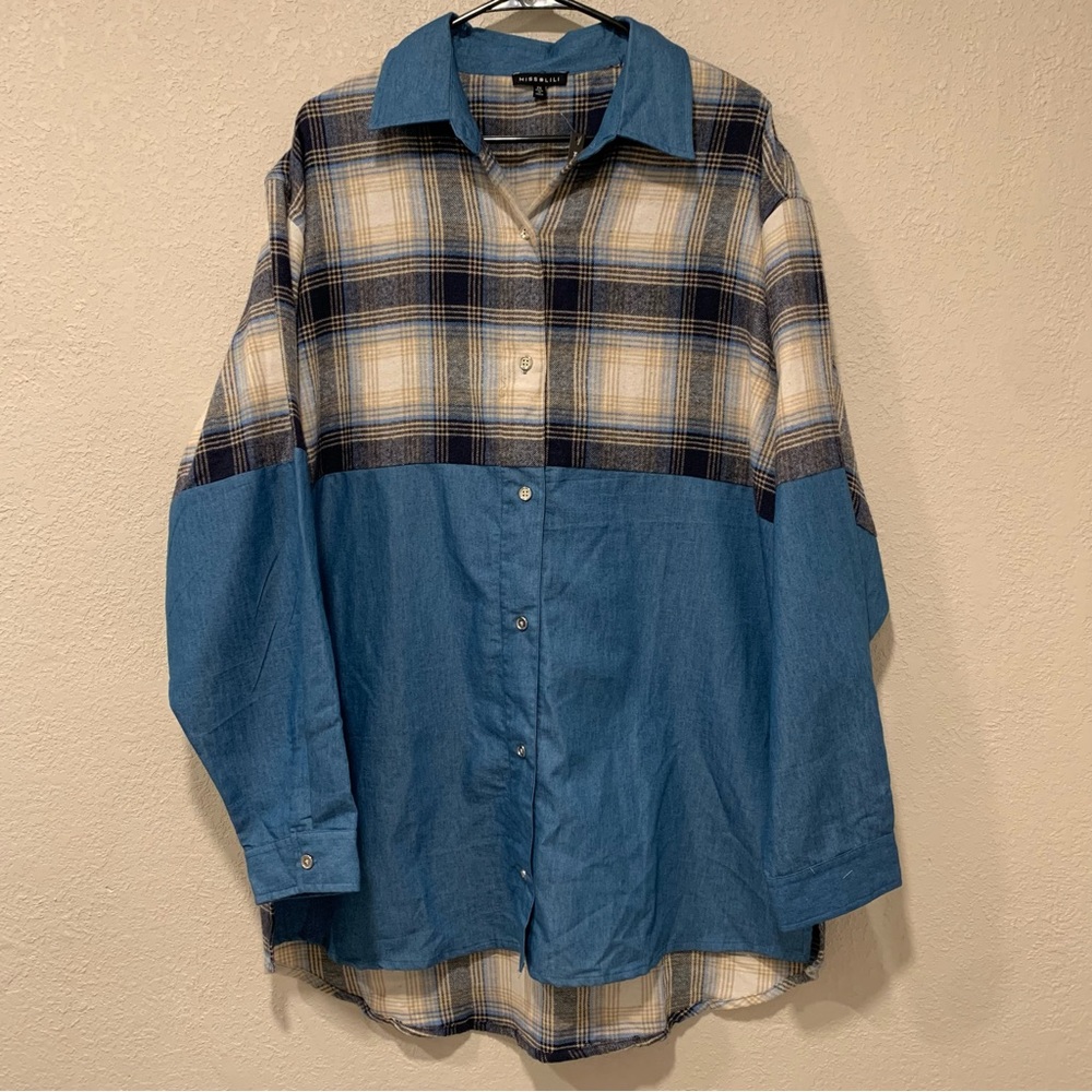 🖍️SOLD🖍️Miss Lili Flanel Jean blue plaid button down long sleeve shirt